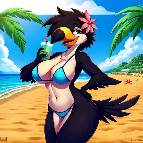 Solo female, toucan, avian, bird, curvy, black feathers, blue bikini bottom, flower lei, holding coconut drink, beach, Hawaiian, tropical, palm trees in background