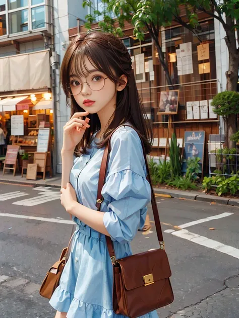 1girl, solo, long hair, looking at viewer, brown hair, dress, bag, white dress, sunglasses, handbag, red lips, adjusting eyewear