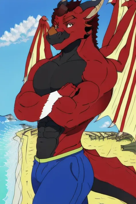 (((jonathan the dragon with a tail that is the color red with a  black chest and muscles, muscle , day, sexy, sensual, detailed,...