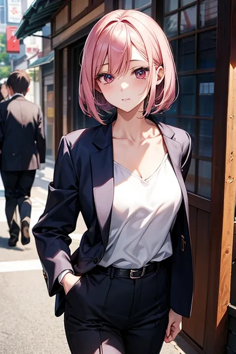 Enchanting anime girl, Naughty, Naughty anime style, Beautiful and attractive anime woman, Top rated on pixiv、beautiful girl、Japanese、Smaller breasts、job hunting、suit、Walking down the street、Short Bob