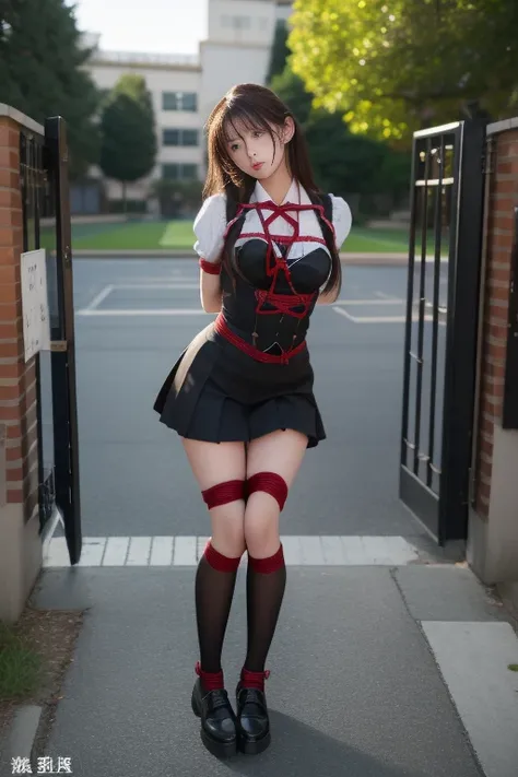 1girl, school, , gate, fence, masterpiece, best quality, highly detailed, arms behind back, shibari, bondage, rope. sschool unif...