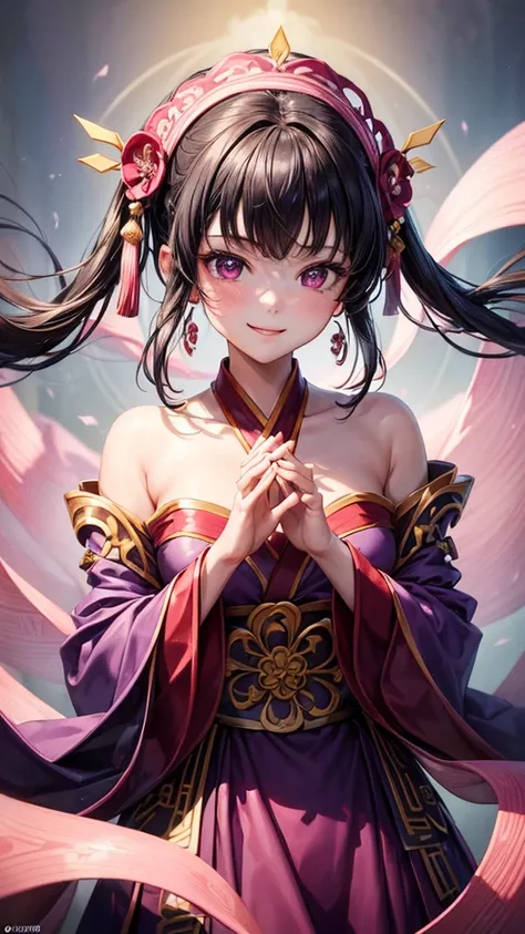 ((masterpiece, highest quality)), (Negative Space: 1.2), 
(1 girl, alone: 1.4), 20th Generation, medium skin,beautiful fingers,beautiful hands, 
Black Hair, Iris, Smiling Hanfu, dress, Pink clothes, Reddish-purple clothes, Golden decoration, 

clavicle,
su...