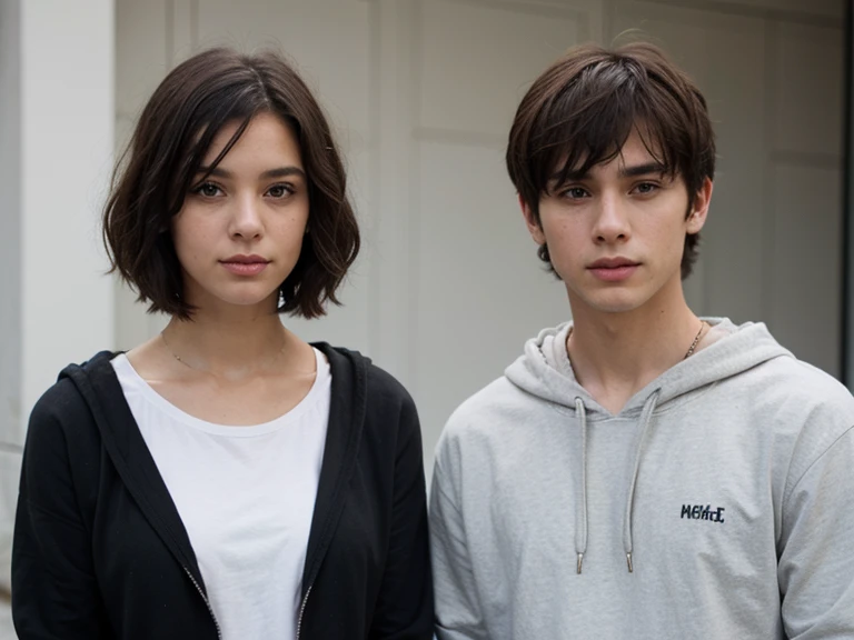 short black layered haired girl with fringe wearing plain black hoodie and brunette male wearing plain white shirt