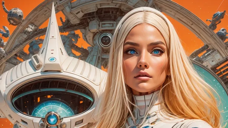 arafed image of a white woman in a futuristic suit with a spaceship in the background, movie art, in front of an orange background, inspired by Robert McGinnis, female protagonist, megastructure in the background, portrait of an ai astronaut, astronauts, a...