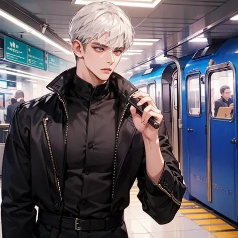 ((Masterpiece, Top Quality, Cinematic Light)), Adult, Male 1, Handsome, tall muscular man, broad shoulders, delicate eyes and delicate face, white hair, detailed background, subway background, black clothes, pouty hair, 