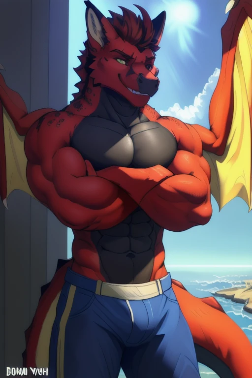 (((Jonathan the hybrid Dragon with a tail that is the color red with a  black chest and muscles, muscle , day, sexy, sensual, detailed, uploaded to e621, beautiful and detailed portrait of an anthropomorphic with He has all 
, ((male ))) kenket, Ross Tran,...