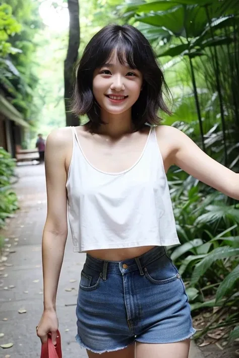 Short black hair　中forest明奈　White tank top　slender　smile　forest