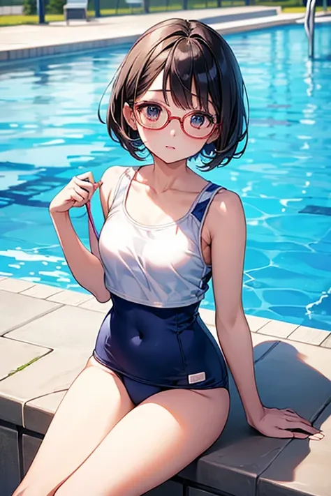 Enchanting anime girl, Beautiful and attractive anime woman, Top rated on pixiv、beautiful girl、Japanese、Short Bob、Smaller breasts、School Swimsuit、high school student、Poolside、Round Glasses