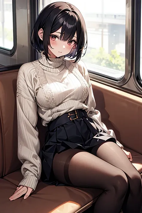 Enchanting anime girl, Beautiful and attractive anime woman, Top rated on pixiv、beautiful girl、Japanese、Short Bob、Smaller breasts、I am on a train、No sleeve、Knitted sweater、Adult sister、Sheer black tights