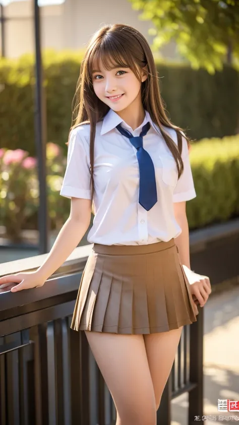 masterpiece, best quality, ultra-detailed, extremely detailed, 4K, 8K, best quality, beautiful, realistic, real, full body, full body focus, school, a pretty woman, solo, , beautiful light brown hair, beautiful brown eyes, beautiful eyes, smile、uniform、Thi...