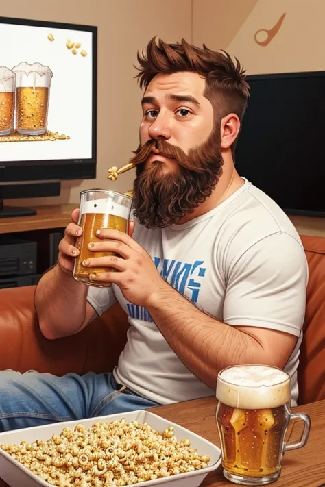 a lazy man with a beard made of pop corn and drinking beer in front of the tv. Messy flat