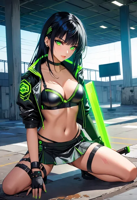 1 girl, solo, long_hair, bangs_between_the_eyes black_hair_with_strands_green, bi_color_ green_neon eyes, sexy_face, HOLDING IN HIS HANDS A SWORD STICKED INTO THE GROUND, cyberpunk_clothes, leather_bra, short_jacket, navel appears, short_skirt, scarred_leg...