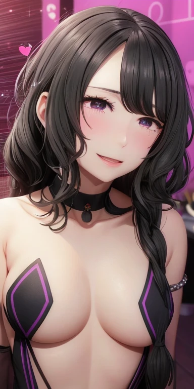 masterpiece、highest quality、detailed、Perfect skeleton、One Girl,heart-shaped pupils,nail,Put your hands behind your back,Black Hair、Braiding、Black HairBraiding,Purple eyes,(blush:1.1),choker,whole body,Open your mouth、口からDroolingを垂らす、Drooling、tearsを流す、tears...