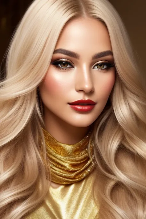 Close up portrait of a beautiful ethereal woman, her very long gold hair cascading down in soft waves, framing a face of extreme detail and elegance. Her eyes, big and colorful, boast three gradient silver shades of eyeshadow and eyeliner, accentuating her...