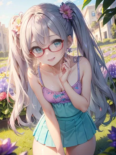 小さなgirl、The arrival of spring、Thick thighs、 (alone:1.5,)Very detailed,Bright colors, Very beautiful detailed anime faces and eyes, Look straight ahead, ;d, Shiny_skin,girl, ((Silver long hair,The inner color is red 、Forehead is exposed.、Green Eyes、Glasses、...