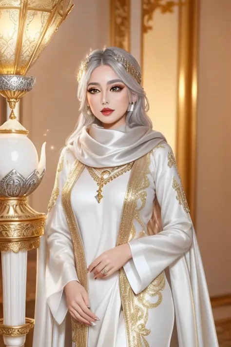 Full body portrait of a beautiful ethereal woman, her very long gold hair cascading down in soft waves, framing a face of extreme detail and elegance. Her eyes, big and colorful, boast three gradient silver shades of eyeshadow and eyeliner, accentuating he...