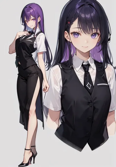 ((Perfect Face)),Purple Hair,Long Hair,1 female,bartender,Black vest,Shirt with rolled up sleeves,tie,slit,High heels,,((Simple Background)),smile,((whole body)),((whole body)),Portraiture,virtual,upright,,Standing upright with face and body facing forward...