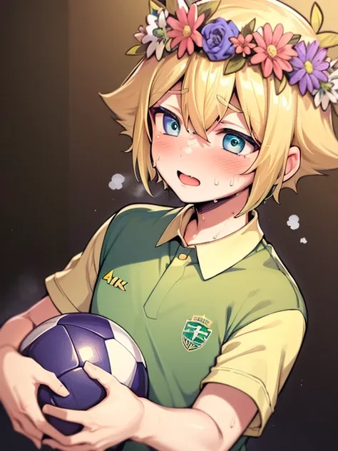 (best quality,4k,8k,highres,masterpiece:1.2),ultra-detailed,cute,blonde-haired boy with a head flower,green-haired boy with a he...