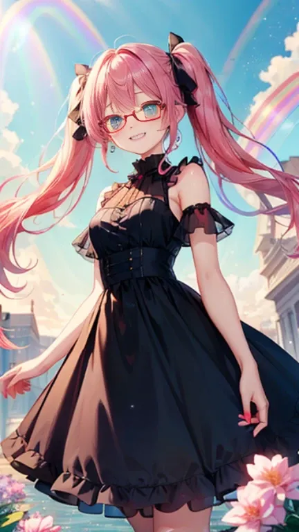 小さなgirl、Glasses、petal、Thick thighs、Big Ass、 (alone:1.5,)Very detailed,Bright colors, Very beautiful detailed anime faces and eyes, Look straight ahead, Shiny_skin,girl,(((long hair、Rainbow Hair, Colorful Hair, Half red、Half pink hair: 1.2)))  、Forehead is ...