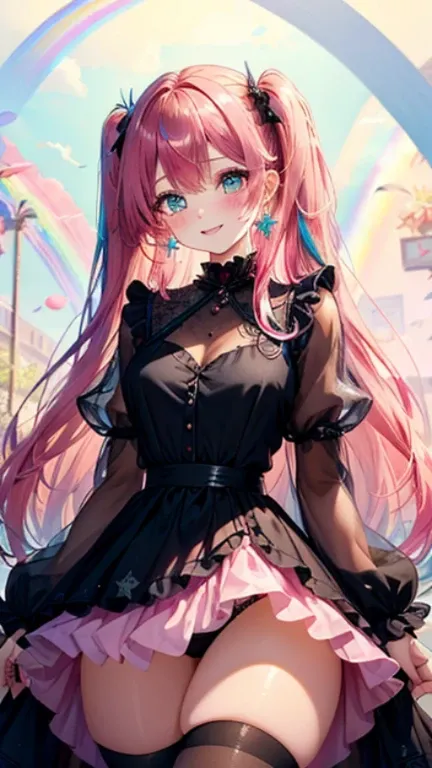 小さなgirl、Glasses、petal、Thick thighs、Big Ass、 (alone:1.5,)Very detailed,Bright colors, Very beautiful detailed anime faces and eyes, Look straight ahead, Shiny_skin,girl,(((long hair、Rainbow Hair, Colorful Hair, Half red、Half pink hair: 1.2)))  、Forehead is ...