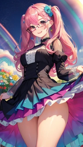 小さなgirl、Glasses、petal、Thick thighs、Big Ass、 (alone:1.5,)Very detailed,Bright colors, Very beautiful detailed anime faces and eyes, Look straight ahead, Shiny_skin,girl,(((long hair、Rainbow Hair, Colorful Hair, Half red、Half pink hair: 1.2)))  、Forehead is ...