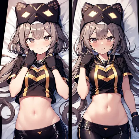 dakimakura, 1girl in, (chiquita:1.2), ip1, 1girl in, cat mask, croptop, tight pants, twin-tailed, short sleeves, gloves, 
(close...