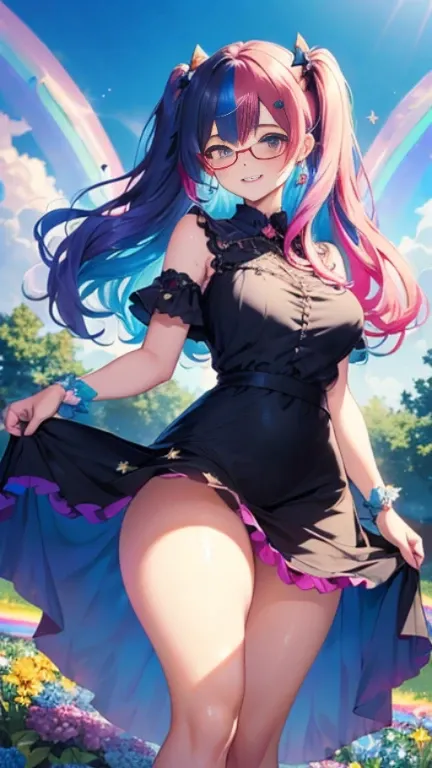 小さなgirl、Glasses、petal、Thick thighs、Big Ass、 (alone:1.5,)Very detailed,Bright colors, Very beautiful detailed anime faces and eyes, Look straight ahead, Shiny_skin,girl,(((long hair、Rainbow Hair, Colorful Hair, Half red、half blue hair: 1.2)))  、Forehead is ...