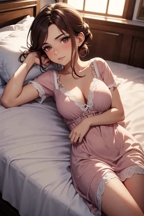 Italian girl, 25 years old, short brown hair tied up, slim, busty, sleeping in a bed, wearing a nightgown