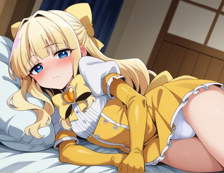 score_9, score_8_up, score_7_up, source_anime,
kaorukotenkawa, kaoruko tenkawa, long hair, blue eyes, blonde hair, bow, hair bow, yellow bow,
gloves, dress, heart, elbow gloves, magical girl, yellow gloves,
indoors, bed, bed room, on side, blush, drunk,
lo...