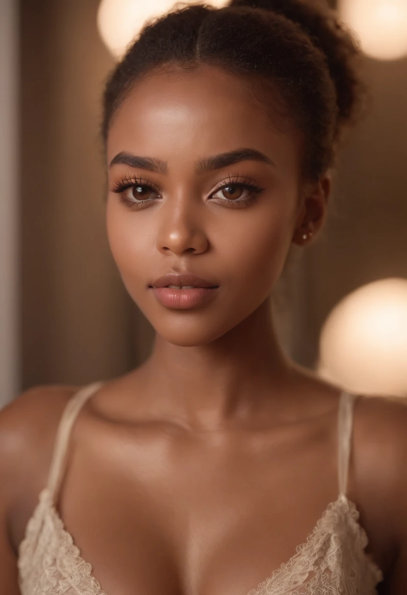 high quality, young black woman, light skn, thick thighs, hyper detailed perfect brown eyes, unbuttoned clothes, no bra, , sexy,