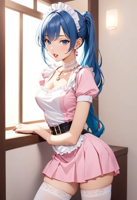 18 years old, Japanese, long blue hair tied in two ponytails, slender, medium-sized firm breasts, perfect and firm ass, tongue piercing, nipple piercing, beautiful earrings in the ears.
clothes - white and pink maid uniform, short skirt, deep neckline, whi...