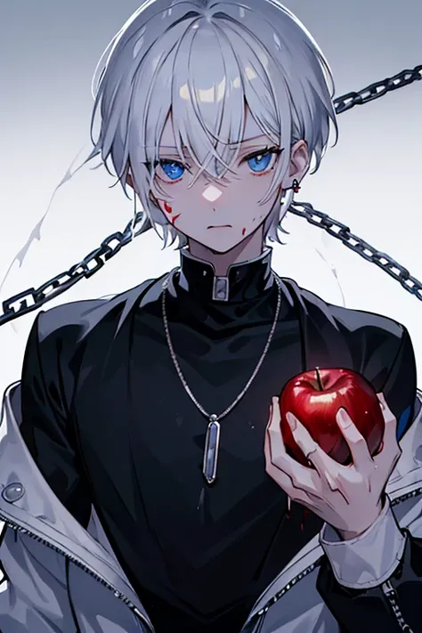 male　white hair　blue eyes　very short hair　one person　white coat　slacks　sweater silver necklace, one earring 　apple　Lots of apples　cool　masterpiece　Highest image quality　noise removal　clear parts 　cinematic shadow　Increased attractiveness of the eyes　clear ...