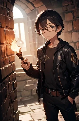 1man, ((leather belt)), facing the camera, young, thin, glasses, goatee, ((scholar)), ((adventurer clothes)), torch in hand, ((crisp)), ((detailed)), ((dungeon background))