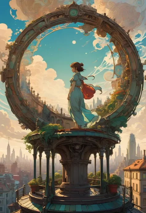 Person Standing on the Rooftop, by Studio Ghibli and Alphonse Mucha, best quality, masterpiece, very aesthetic, perfect composition, intricate details, ultra-detailed