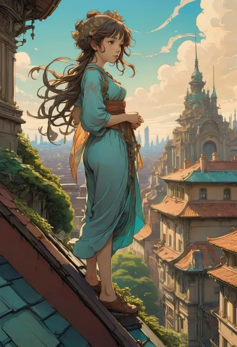 Person Standing on the Rooftop, by Studio Ghibli and Alphonse Mucha, best quality, masterpiece, very aesthetic, perfect composition, intricate details, ultra-detailed