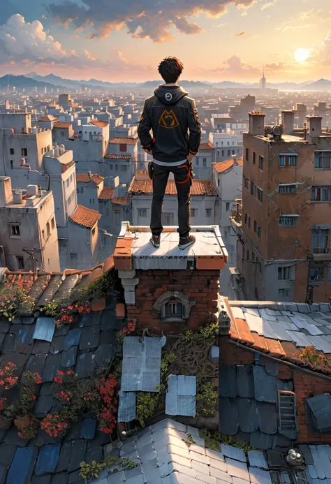 Person Standing on the Rooftop, (masterpiece, best quality, Professional, perfect composition, very aesthetic, absurdres, ultra-detailed, intricate details:1.3)