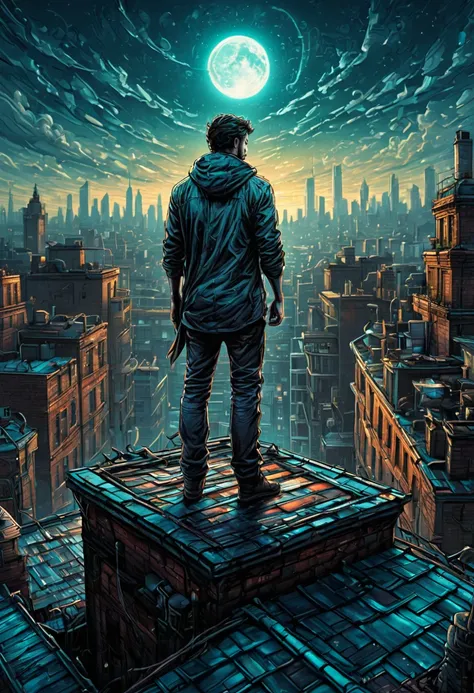 Person Standing on the Rooftop, by dan mumford, best quality, masterpiece, very aesthetic, perfect composition, intricate details, ultra-detailed