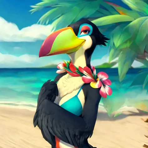 Solo female, toucan, avian, bird, black feathers, blue bikini bottom, flower lei, holding coconut drink, beach, Hawaiian, tropical, palm trees in background