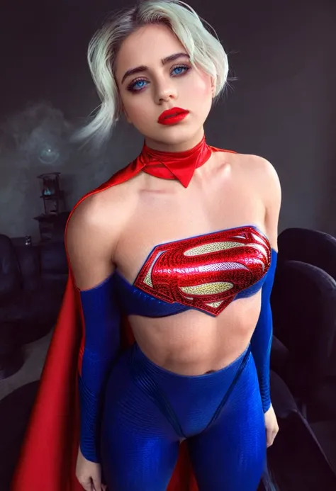 Hyper photo realistic picture perfect supergirl, perfect face, thin curved platinum blonde eyebrows,  long luscious eyelashes, thick black eyeliner, black eye shadow, big eyes, Florence blue eyes, bright cheek makeup, bright red lipstick, beautiful perfect...