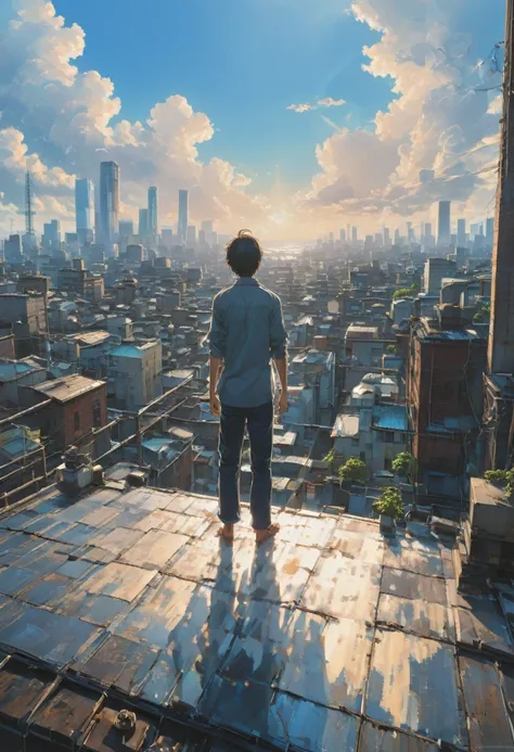 Person Standing on the Rooftop, by Makoto Shinkai and Makoto Niitsu, best quality, masterpiece, very aesthetic, perfect composition, intricate details, ultra-detailed