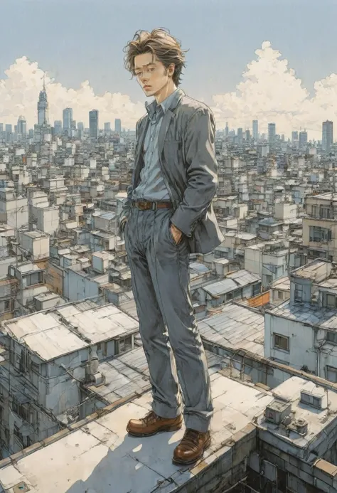 Person Standing on the Rooftop, by Naoki Urasawa, best quality, masterpiece, very aesthetic, perfect composition, intricate details, ultra-detailed