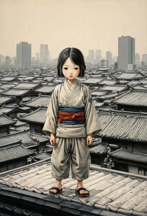 Person Standing on the Rooftop, by Yoshitomo Nara, best quality, masterpiece, very aesthetic, perfect composition, intricate details, ultra-detailed