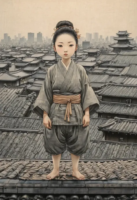 Person Standing on the Rooftop, by Yoshitomo Nara, best quality, masterpiece, very aesthetic, perfect composition, intricate details, ultra-detailed