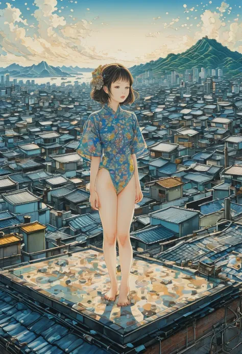 Person Standing on the Rooftop, by Chiho Aoshima, best quality, masterpiece, very aesthetic, perfect composition, intricate details, ultra-detailed