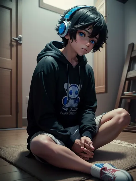 cartoon boy with blue eyes and headphones sitting on the floor, arte digital avanzado, on ojos brillantes, en una sudadera negra...