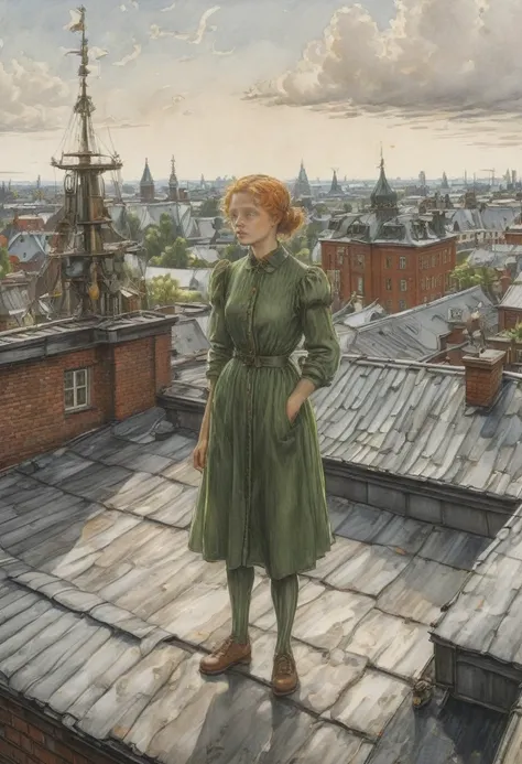 Person Standing on the Rooftop, by Elsa Beskow, best quality, masterpiece, very aesthetic, perfect composition, intricate details, ultra-detailed