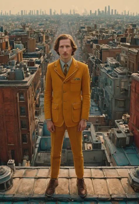 Person Standing on the Rooftop, by Wes Anderson, best quality, masterpiece, very aesthetic, perfect composition, intricate details, ultra-detailed