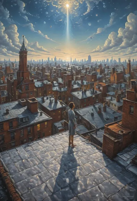 Person Standing on the Rooftop, by Rob Gonsalves, best quality, masterpiece, very aesthetic, perfect composition, intricate details, ultra-detailed