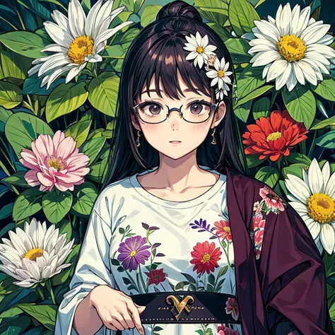 A woman wearing eyeglasses, chubby. She is like a wild flower