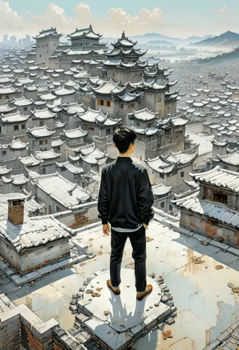 Person Standing on the Rooftop, (masterpiece, best quality, Professional, perfect composition, very aesthetic, absurdres, ultra-detailed, intricate details:1.3), by Wu Guanzhong